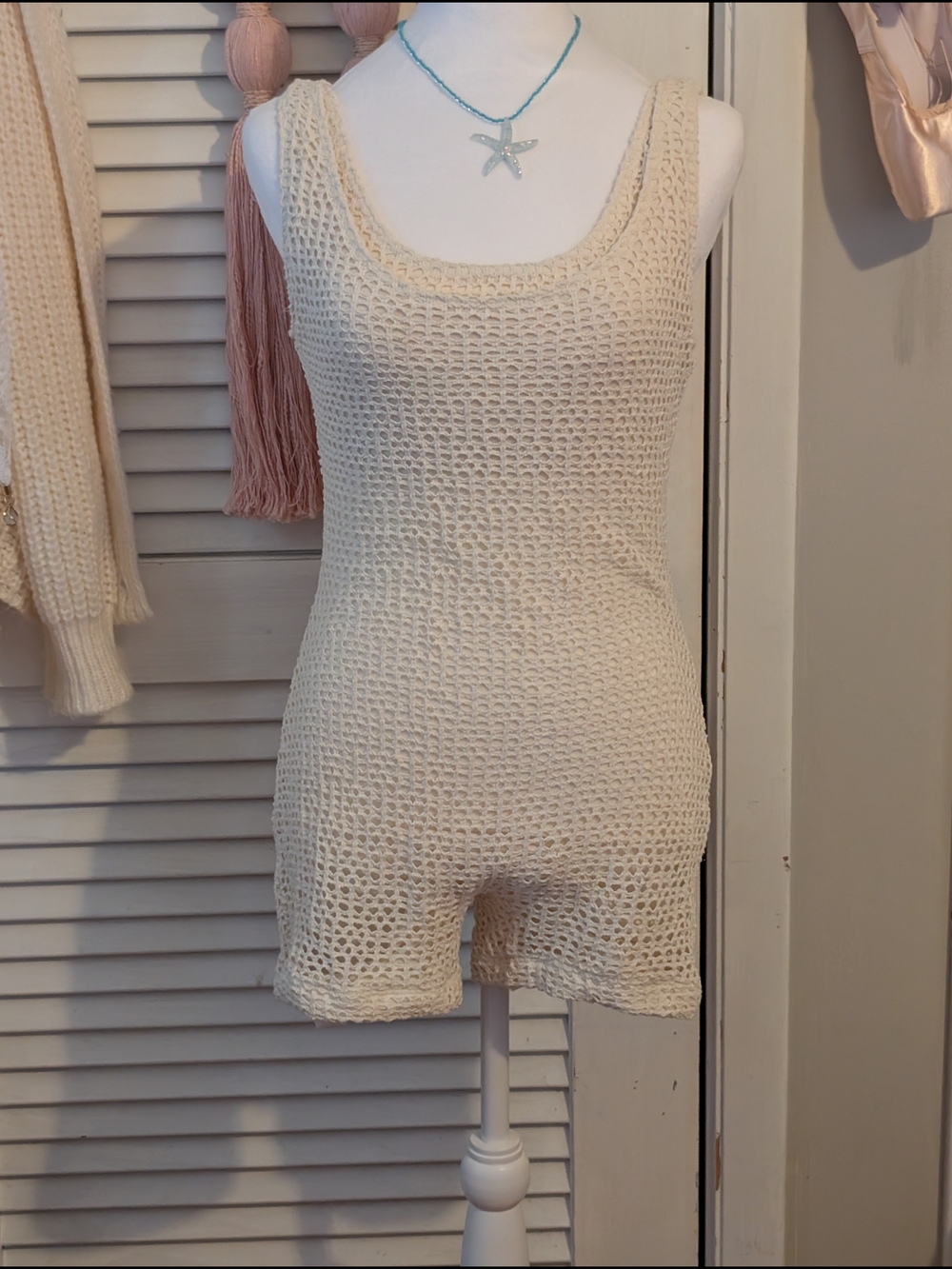 Cream Crochet Knit Romper Tank